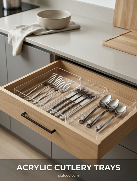 Keep your drawers organized with acrylic cutlery trays for maximum visibility and easy cleaning